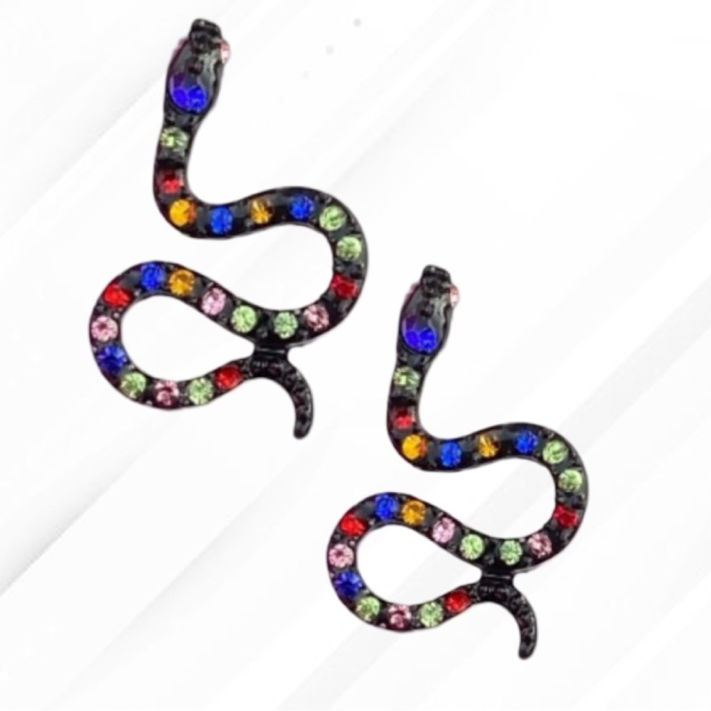 Betsey Johnson Black Snake Earrings Pave Crystal Rhinestones Red Blue Post NEW